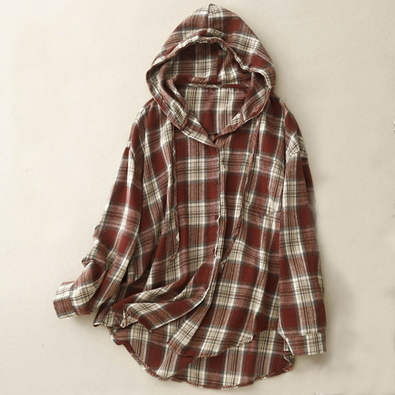 FDGIU Women's 2025 Plaid Shacket - Fleece Hooded Jacket, Warm Button Front Fall Winter Coat,Casual Plaid Fleece Hoodie Jacket