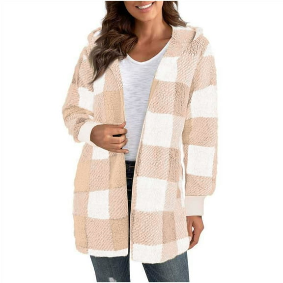 FDGIU Women's 2025 Plaid Shacket - Fleece Hooded Jacket, Warm Button Front Fall Winter Coat,Casual Plaid Fleece Hoodie Jacket