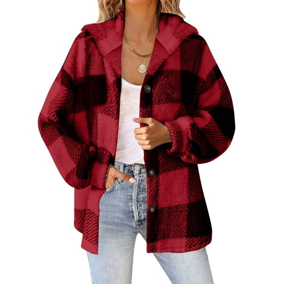 FDGIU Women's 2025 Plaid Shacket - Fleece Hooded Jacket, Warm Button Front Fall Winter Coat,Casual Plaid Fleece Hoodie Jacket