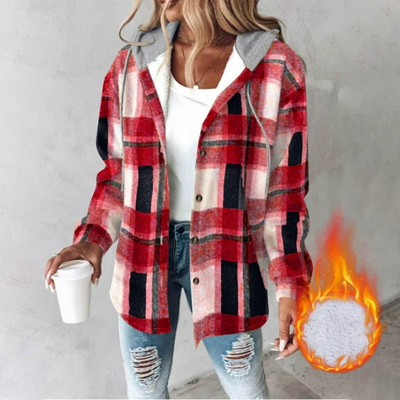 FDGIU Women's 2025 Plaid Shacket - Fleece Hooded Jacket, Warm Button Front Fall Winter Coat,Casual Plaid Fleece Hoodie Jacket