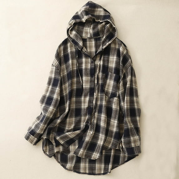 FDGIU Women's 2025 Plaid Shacket - Fleece Hooded Jacket, Warm Button Front Fall Winter Coat,Casual Plaid Fleece Hoodie Jacket