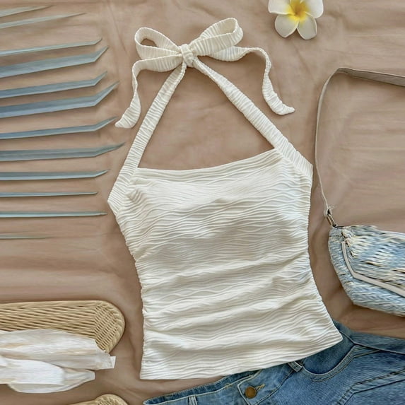 FDGIU Women's 2025 Ruched Halter Top - Tie Back & Square Neck, Slim Fit Crop for Summer Backless Cami