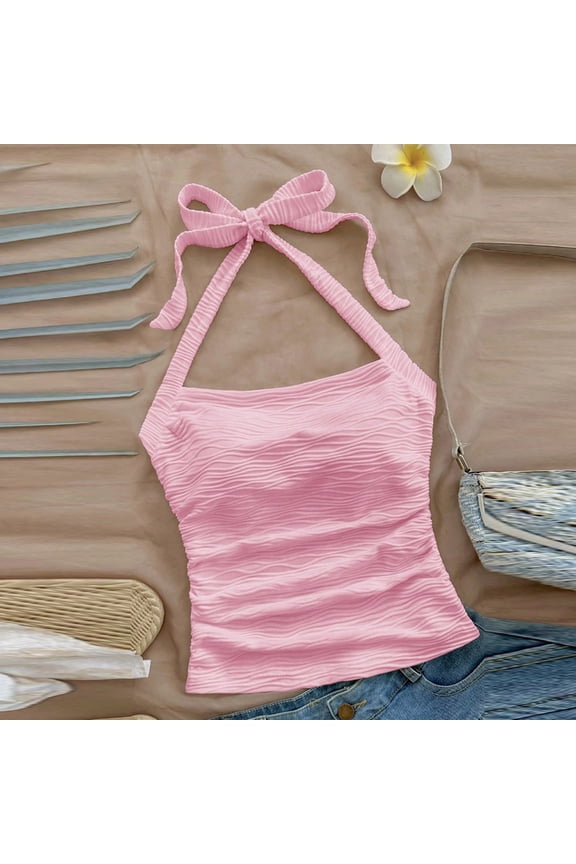 Women's 2025 Ruched Halter Top - Tie Back & Square Neck, Slim Fit Crop for Summer Backless Cami