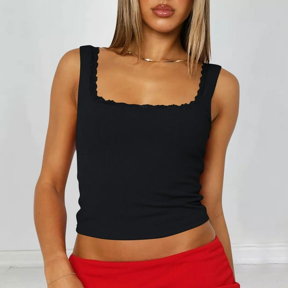 FDGIU Women's 2025 Summer Lace Cami Tank Top - Scoop Neck Sleeveless Blouse with Silk Lace Trim, Stylish Casual