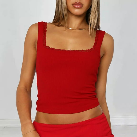 FDGIU Women's 2025 Summer Lace Cami Tank Top - Scoop Neck Sleeveless Blouse with Silk Lace Trim, Stylish Casual