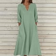 thumbnail image 1 of FDGIU Women's 2026 Summer 3/4 Puff Sleeve Notch V‑Neck Midi Dress, Partial Button Loose A‑Line Pocket Casual Linen Sundress for Vacation Daily Streetwear, 1 of 4