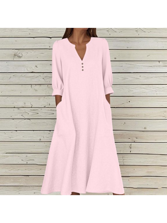 Women's 2026 Summer 3/4 Puff Sleeve Notch V‑Neck Midi Dress, Partial Button Loose A‑Line Pocket Casual Linen Sundress for Vacation Daily Streetwear