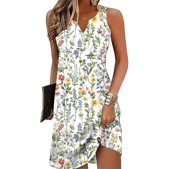 FDGIU Women's 2026 Summer Casual Dress, Sleeveless V Neck Print Button Front Mini Sundress