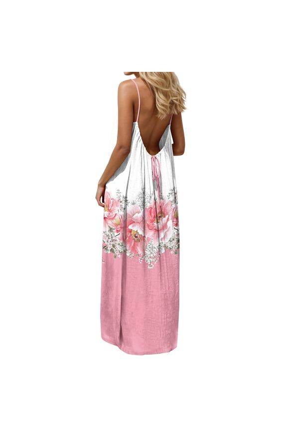 Women's 2026 Summer Floral Maxi Dress, Open Back Tie Back Spaghetti Strap Flowy Sundress for Vacation