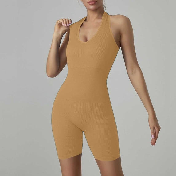 FDGIU Women's 2026 Summer Halter V‑Neck Ribbed Short Jumpsuit, Sleeveless Seamless Bodycon Workout Romper for Yoga Gym Activewear Daily