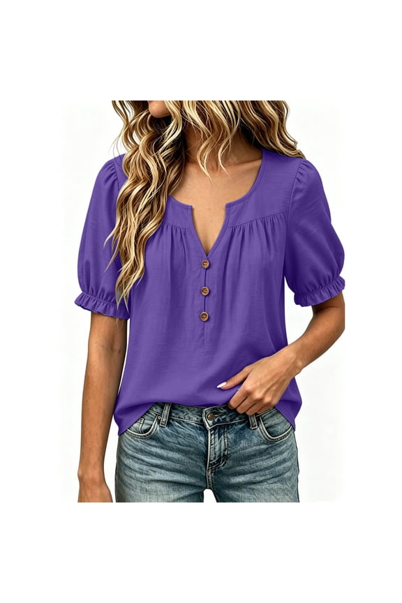 Women's 2026 Summer Notched Split V Neck Puff Short Sleeve Blouse, Button Front Gathered Curved Hem Loose Fit Casual Daily Top for Commute Shopping and Weekend Outdoor Outings