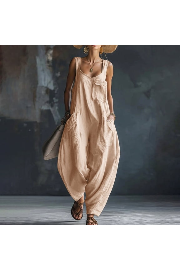Women's 2026 Summer Sleeveless U‑Neck Harem Jumpsuit, Multi Pocket Loose Drop Crotch Casual Long Romper for Boho Vacation Beach Daily Streetwear