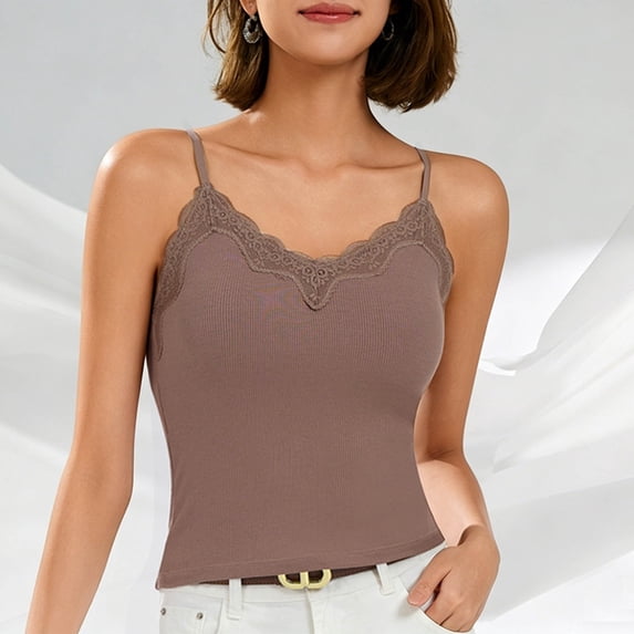 FDGIU Women's 2026 Summer Spaghetti Strap Scalloped Lace Trim V‑Neck Tank Top, Ribbed Knit Slim Fit Sleeveless Camisole Top for Layering Daily Wear