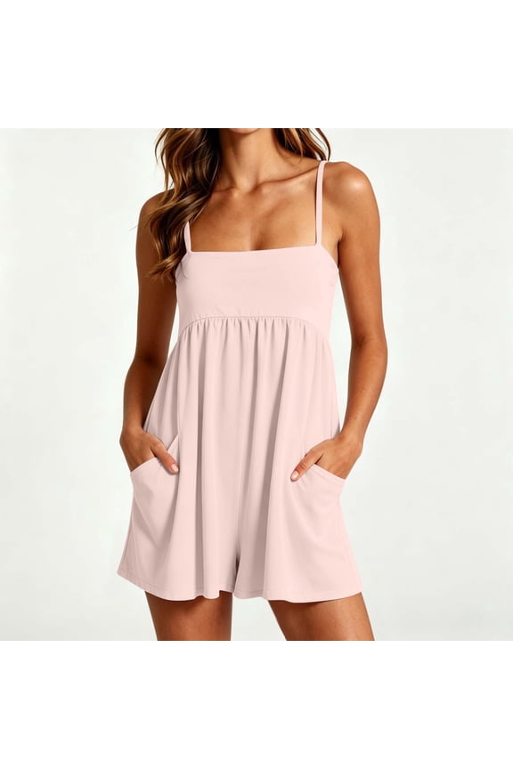 Women's 2026 Summer Spaghetti Strap Square Neck Romper, Gathered Empire Waist Pocket Loose Wide Leg Sleeveless Casual Short Jumpsuit for Beach Vacation Daily Streetwear