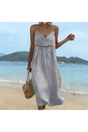 Women's 2026 Summer Spaghetti Strap V‑Neck Midi Sundress, Cutout Waist Loose Empire Waist Sleeveless Casual Dress for Beach Vacation Daily Streetwear
