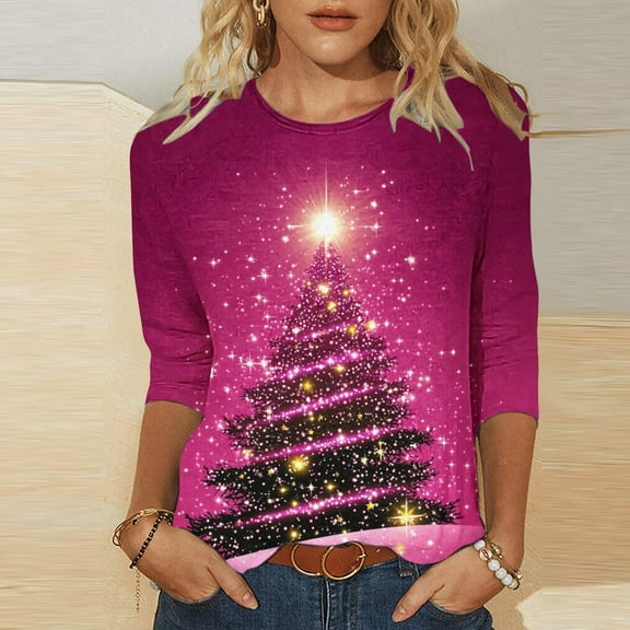 FDGIU Women's 3/4 Sleeve Christmas Tunic - Xmas Tree Glitter Print Crewneck Blouse, Cute Holiday Gift Tees