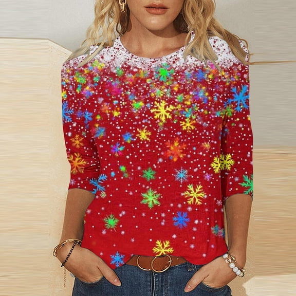 FDGIU Women's 3/4 Sleeve Christmas Tunic - Xmas Tree Glitter Print Crewneck Blouse, Cute Holiday Gift Tees