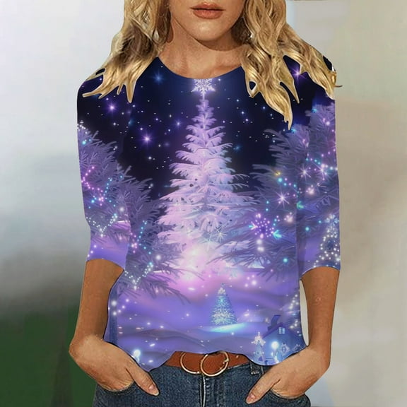 FDGIU Women's 3/4 Sleeve Christmas Tunic - Xmas Tree Glitter Print Crewneck Blouse, Cute Holiday Gift Tees