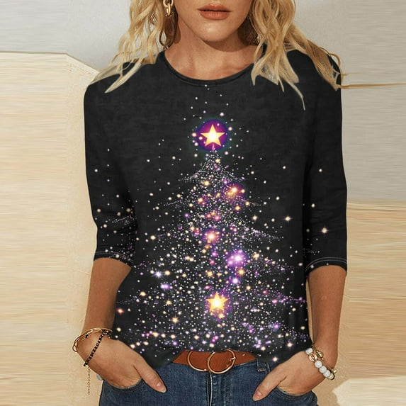 FDGIU Women's 3/4 Sleeve Christmas Tunic - Xmas Tree Glitter Print Crewneck Blouse, Cute Holiday Gift Tees