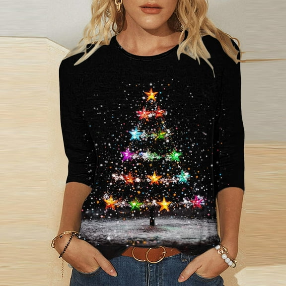FDGIU Women's 3/4 Sleeve Christmas Tunic - Xmas Tree Glitter Print Crewneck Blouse, Cute Holiday Gift Tees