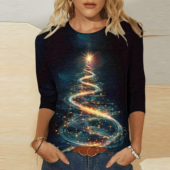 FDGIU Women's 3/4 Sleeve Christmas Tunic - Xmas Tree Glitter Print Crewneck Blouse, Cute Holiday Gift Tees
