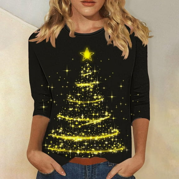 FDGIU Women's 3/4 Sleeve Christmas Tunic - Xmas Tree Glitter Print Crewneck Blouse, Cute Holiday Gift Tees