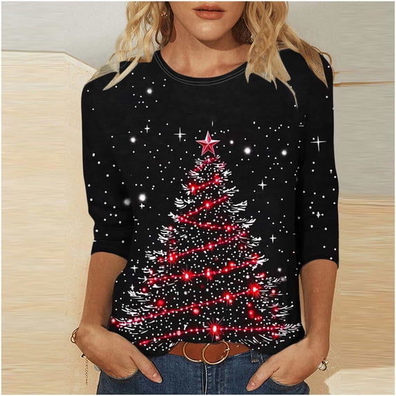 FDGIU Women's 3/4 Sleeve Red Wine Glass Christmas Graphic Tees Sweatshirt - Long Sleeve Holiday Top with Festive Wine Graphic, Xmas Party Blouse