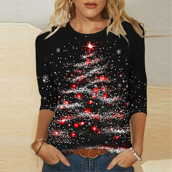 FDGIU Women's 3/4 Sleeve Red Wine Glass Christmas Graphic Tees Sweatshirt - Long Sleeve Holiday Top with Festive Wine Graphic, Xmas Party Blouse