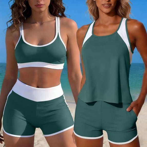 FDGIU Women's 3 Piece Tankini Swimsuit, Cross Back Tank Top with Built-in Bra & High Waist Tummy Control Boyshort, Quick Dry Bathing Suit for Beach Pool