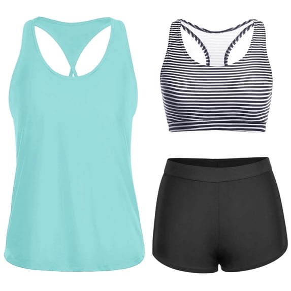 FDGIU Women's 3 Piece Tankini Swimsuit, Racerback Tank Overlay with Striped Swim Bra and Solid Boyshort Bottom, Tummy Control Bathing Suit for Beach Pool