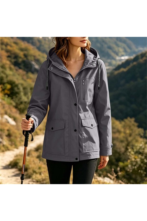 Women's Adjustable Drawstring Hood Jacket, Snap Button Full Zip Mid Length Windproof Hiking Coat with Multi Zipper Flap Pockets for 2026 Spring Fall Outdoor Travel Daily Layering