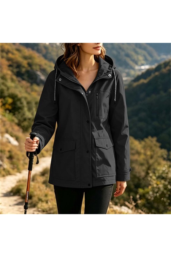 Women's Adjustable Drawstring Hood Jacket, Snap Button Full Zip Mid Length Windproof Hiking Coat with Multi Zipper Flap Pockets for 2026 Spring Fall Outdoor Travel Daily Layering