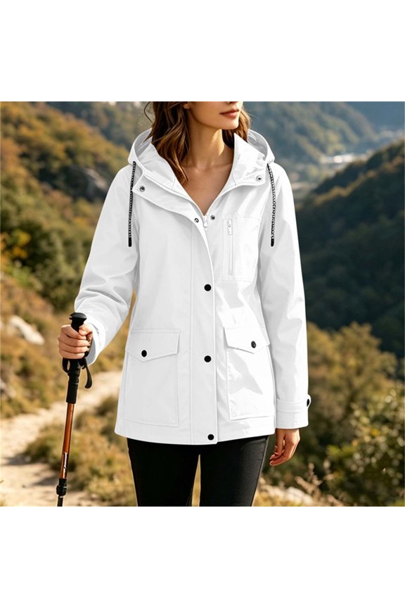 Women's Adjustable Drawstring Hood Jacket, Snap Button Full Zip Mid Length Windproof Hiking Coat with Multi Zipper Flap Pockets for 2026 Spring Fall Outdoor Travel Daily Layering