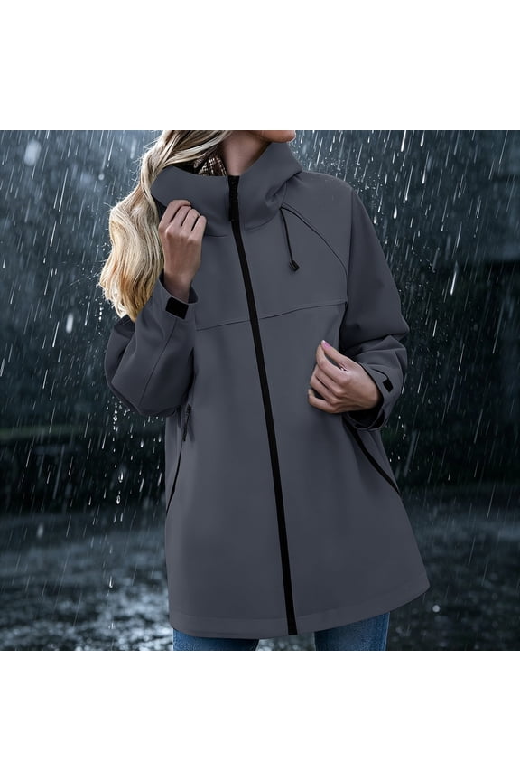 Women's Adjustable Hood Mid Length Rain Windbreaker Jacket, Full Zip Cuff Water Resistant Outer Coat with Zipper Pockets for Hiking Camping Travel Daily Layering