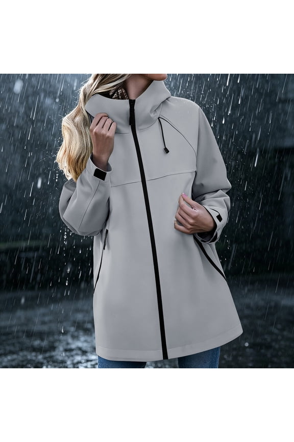 Women's Adjustable Hood Mid Length Rain Windbreaker Jacket, Full Zip Cuff Water Resistant Outer Coat with Zipper Pockets for Hiking Camping Travel Daily Layering