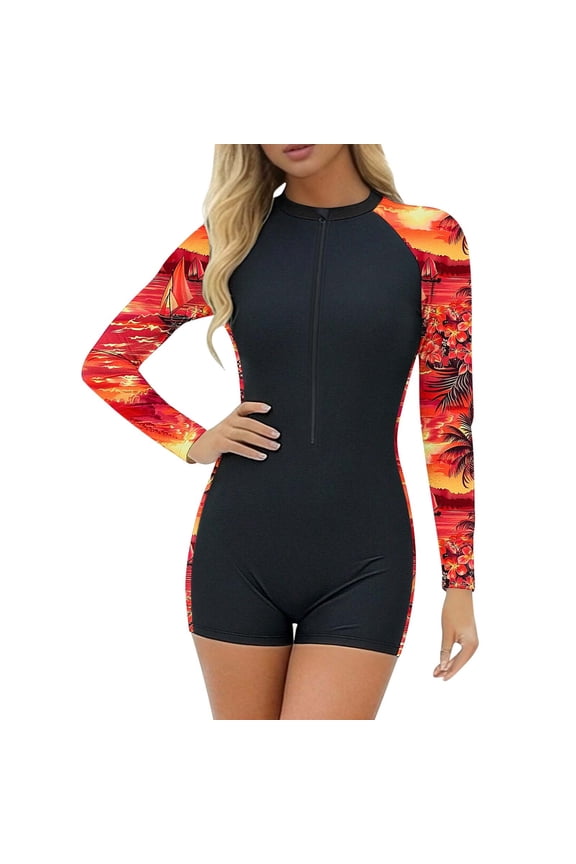 ‌Women's Athletic Half Zip One Piece Swimsuit Tummy Control High Cut Training Surfing Wetsuit Comfortable Bathing Suit for Summer