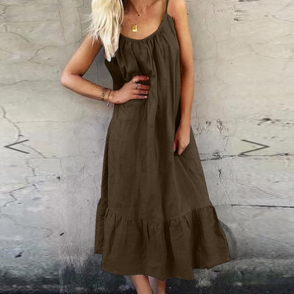 FDGIU Women's Boho Floral Maxi Sundress - Sleeveless Spaghetti Strap Beach/Picnic/Lounge Dress with Smocked Tiered Design