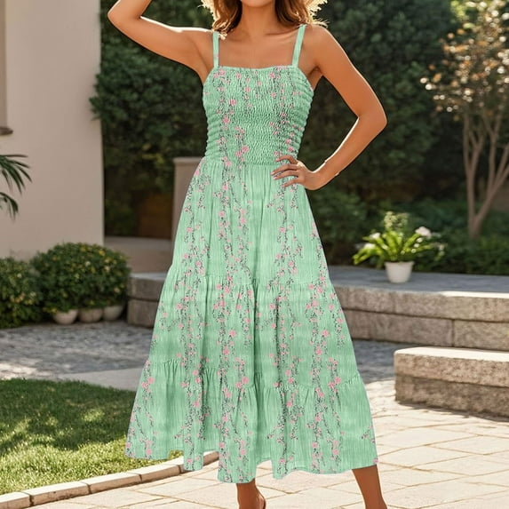 FDGIU Women's Boho Floral Maxi Sundress - Sleeveless Spaghetti Strap Beach/Picnic/Lounge Dress with Smocked Tiered Design