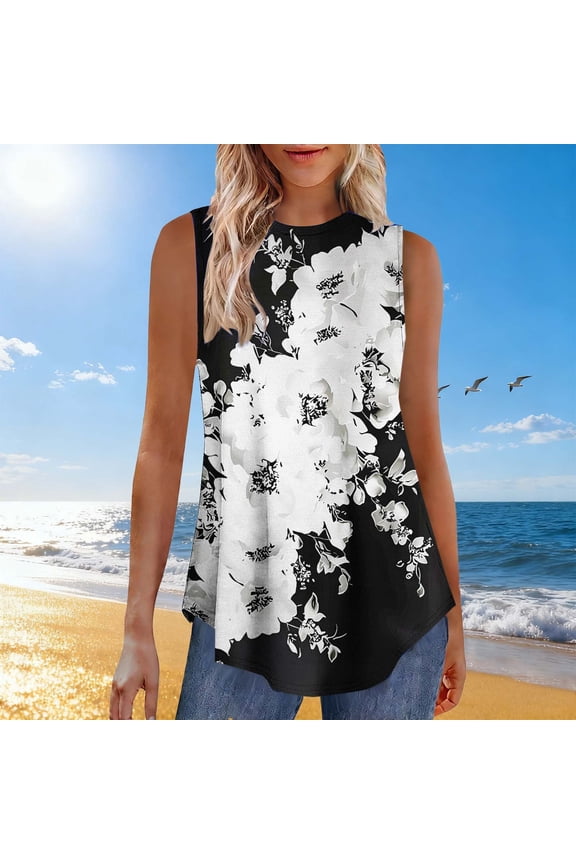 Women's Boho Printed Tank Top - Sleeveless Crew Neck Loose Fit Summer Beach Vacation Tunic Blouse