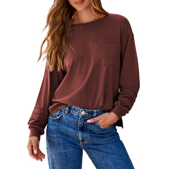 Basic Tee Top FDGIU Women's Breathable Slim Fit Basic Tee - Long Sleeve Round Neck ...