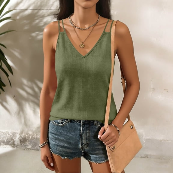 FDGIU Women's Camisole Tank Top Slim Fit V Neck Sleeveless Solid Color Linen Summer Beach Casual Basic Shirt