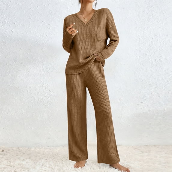 FDGIU Women's Casual Pajama Set, 2-Piece Long Sleeve Top and Wide Leg Pants, Soft Comfortable Loungewear