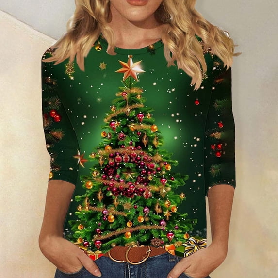 FDGIU Women's Christmas Graphic Tunic Tops - Soft Long Sleeve Crewneck Blouses with Xmas Tree Prints, Holiday Party Tees
