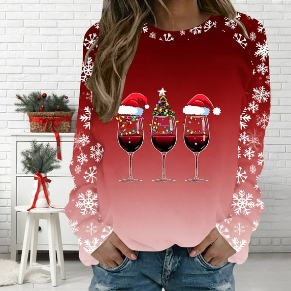 FDGIU Women's Christmas Graphic Tunic Tops - Soft Long Sleeve Crewneck Blouses with Xmas Tree Prints, Holiday Party Tees