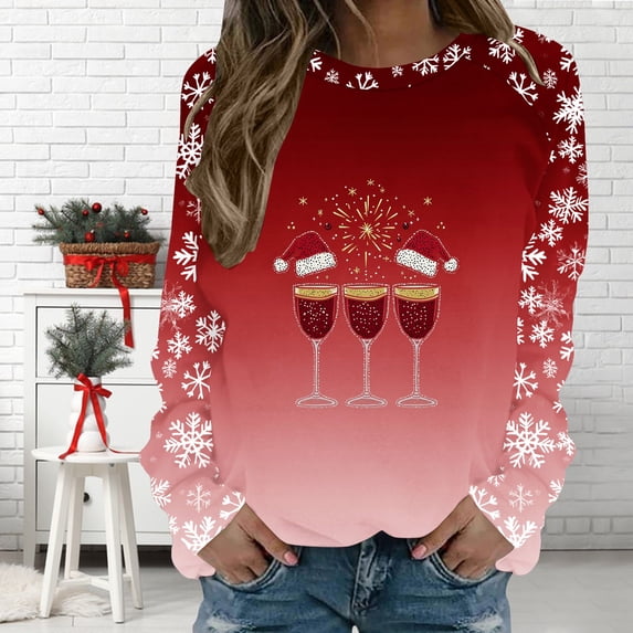 FDGIU Women's Christmas Graphic Tunic Tops - Soft Long Sleeve Crewneck Blouses with Xmas Tree Prints, Holiday Party Tees