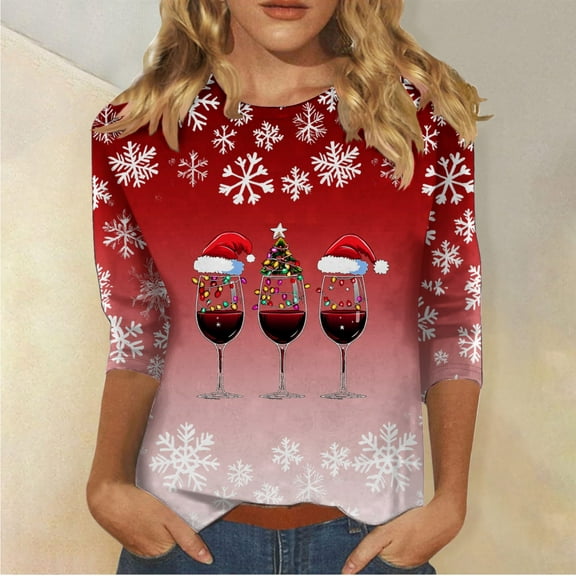 FDGIU Women's Christmas Graphic Tunic Tops - Soft Long Sleeve Crewneck Blouses with Xmas Tree Prints, Holiday Party Tees