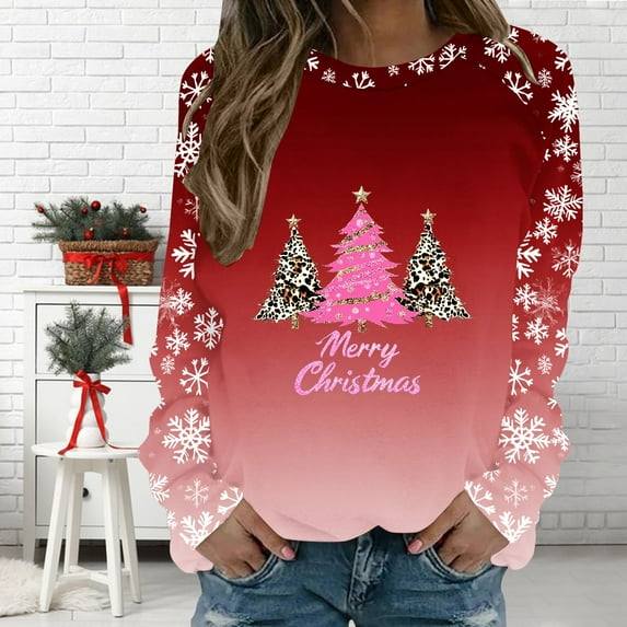 FDGIU Women's Christmas Graphic Tunic Tops - Soft Long Sleeve Crewneck Blouses with Xmas Tree Prints, Holiday Party Tees