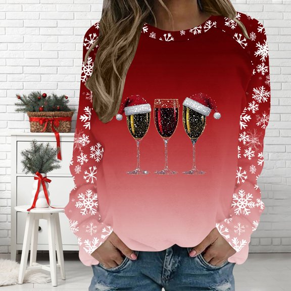 FDGIU Women's Christmas Graphic Tunic Tops - Soft Long Sleeve Crewneck Blouses with Xmas Tree Prints, Holiday Party Tees