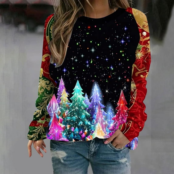 FDGIU Women's Christmas Graphic Tunic Tops - Soft Long Sleeve Crewneck Blouses with Xmas Tree Prints, Holiday Party Tees