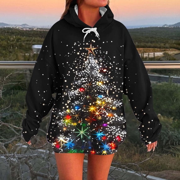 FDGIU Women's Christmas Hoodies 2025 - Oversized Xmas Tree Print Sweatshirt, Long Sleeve Holiday Pullover Tops